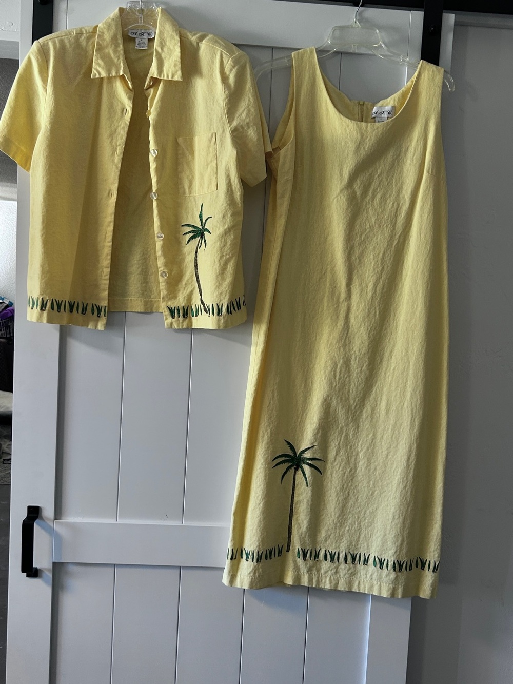 Yellow Palm-Embroidered Dress & matching over coat